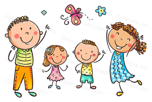 Colorful illustration of a family with two children and butterflies