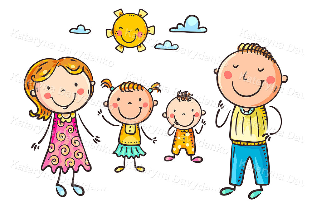 Cartoon family with two children. Doodle isolated characters