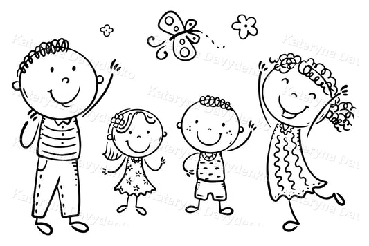 Black and white illustration of a family with two children