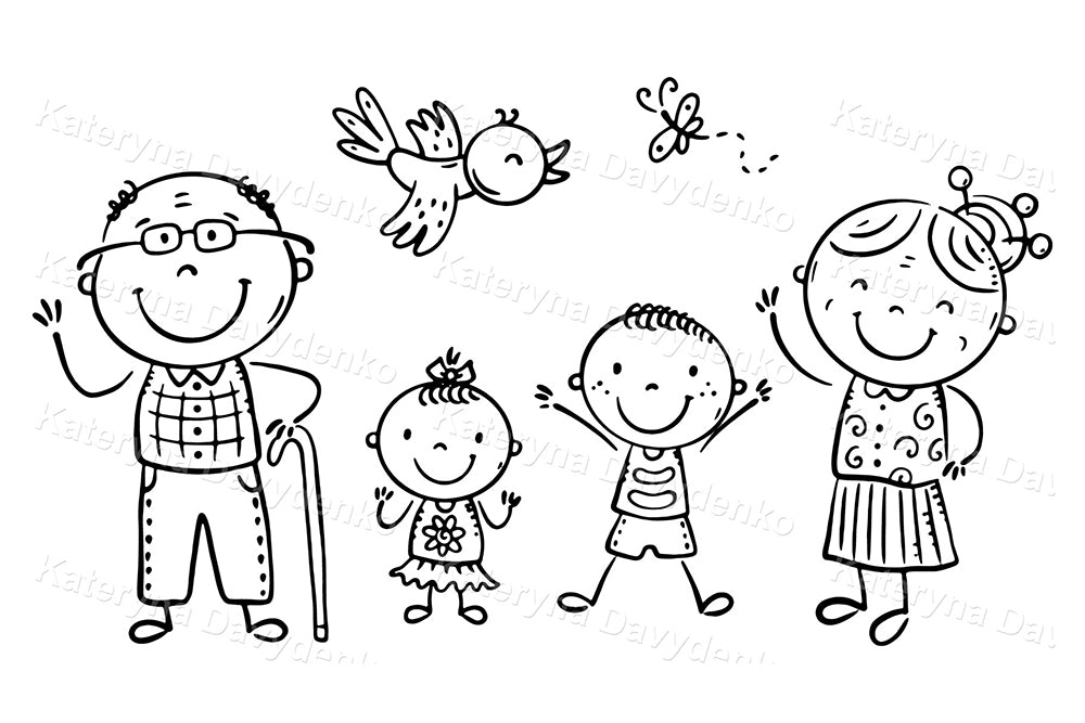 Cute grandparents with little kids. Cartoon family clipart, digital download