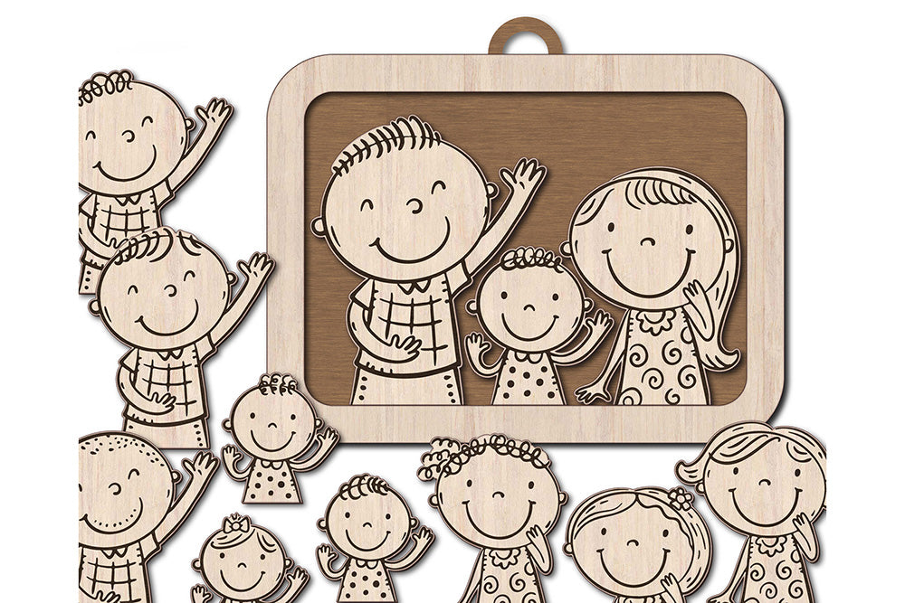 Custom Family Portrait SVG – Laser Cut Mom, Dad & Child with Hairstyles and Frame – DIY Craft for Kids, Personalized Wall Art Project