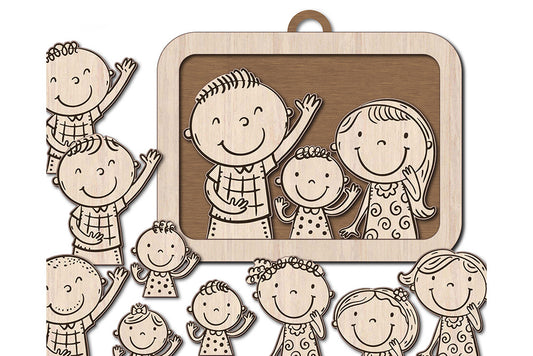 Custom Family Portrait SVG – Laser Cut Mom, Dad & Child with Hairstyles and Frame – DIY Craft for Kids, Personalized Wall Art Project