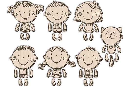 Movable doll for laser cutting. Cute cartoon kds with separate arms and legs