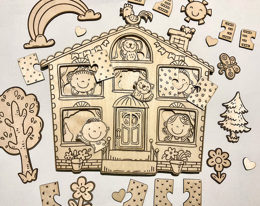 Create a charming wooden house puzzle for kids with this layered laser cut file. This digital download includes a three-layer design: the base house frame, a middle layer with children and animals, and a top layer with opening shutters and door elements.