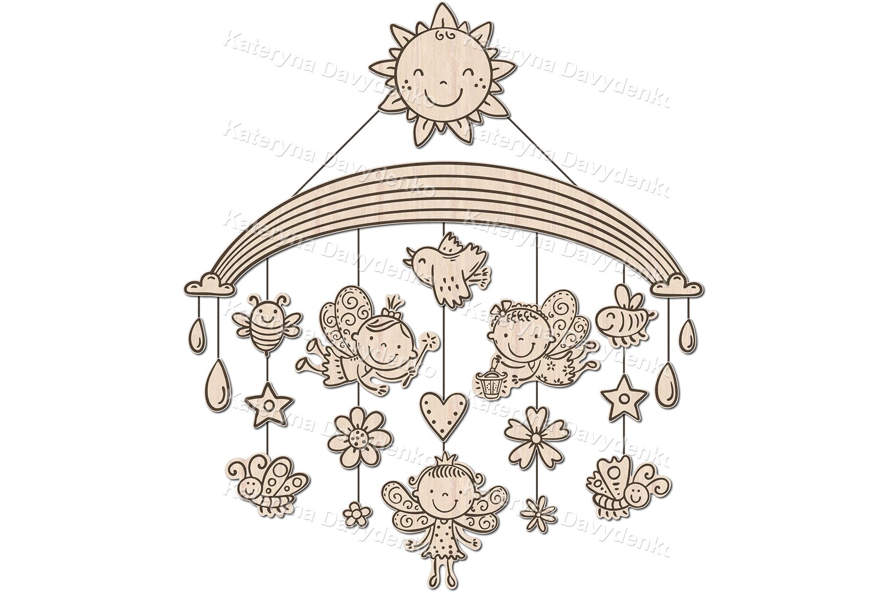 Laser cut SVG set features a magical rainbow mobile with sweet fairies, flowers, butterflies, raindrops, and a smiling sun