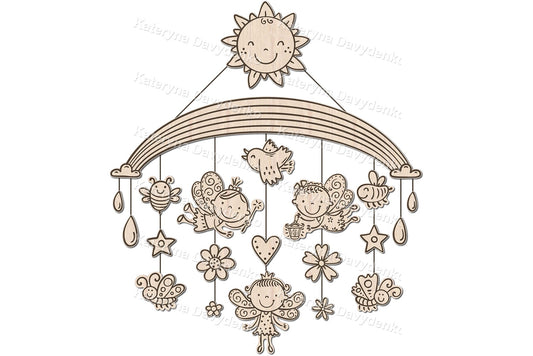 Laser cut SVG set features a magical rainbow mobile with sweet fairies, flowers, butterflies, raindrops, and a smiling sun