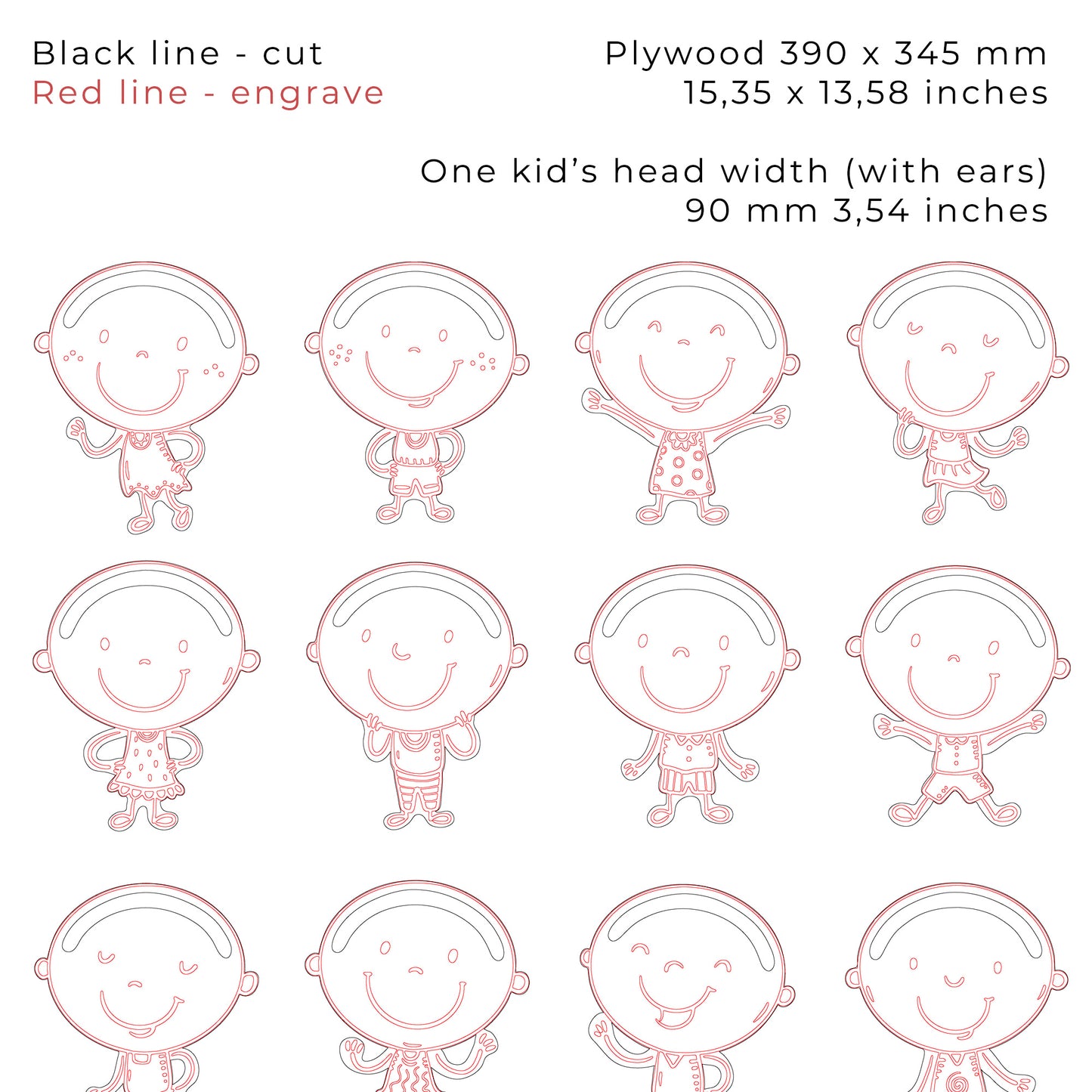 Laser cut figures of kids for adding yarn hair, DIY children faces craft for glowforge