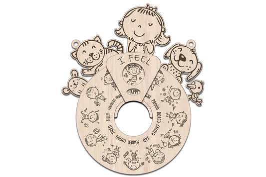 Wooden emotion wheel. Feelings chart for children. Emotion learning toy for laser cut. Intelligence activity for home or classroom