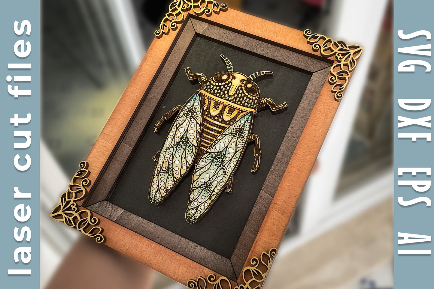 Decorative cicada wall art with frame. Layered DIY laser cut file