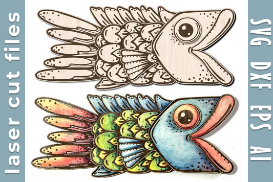 Layered wooden fish wall decor designed for laser cutting from plywood. This ocean-themed 3D fish is ideal for DIY wall art, nursery decor, and small business laser makers.