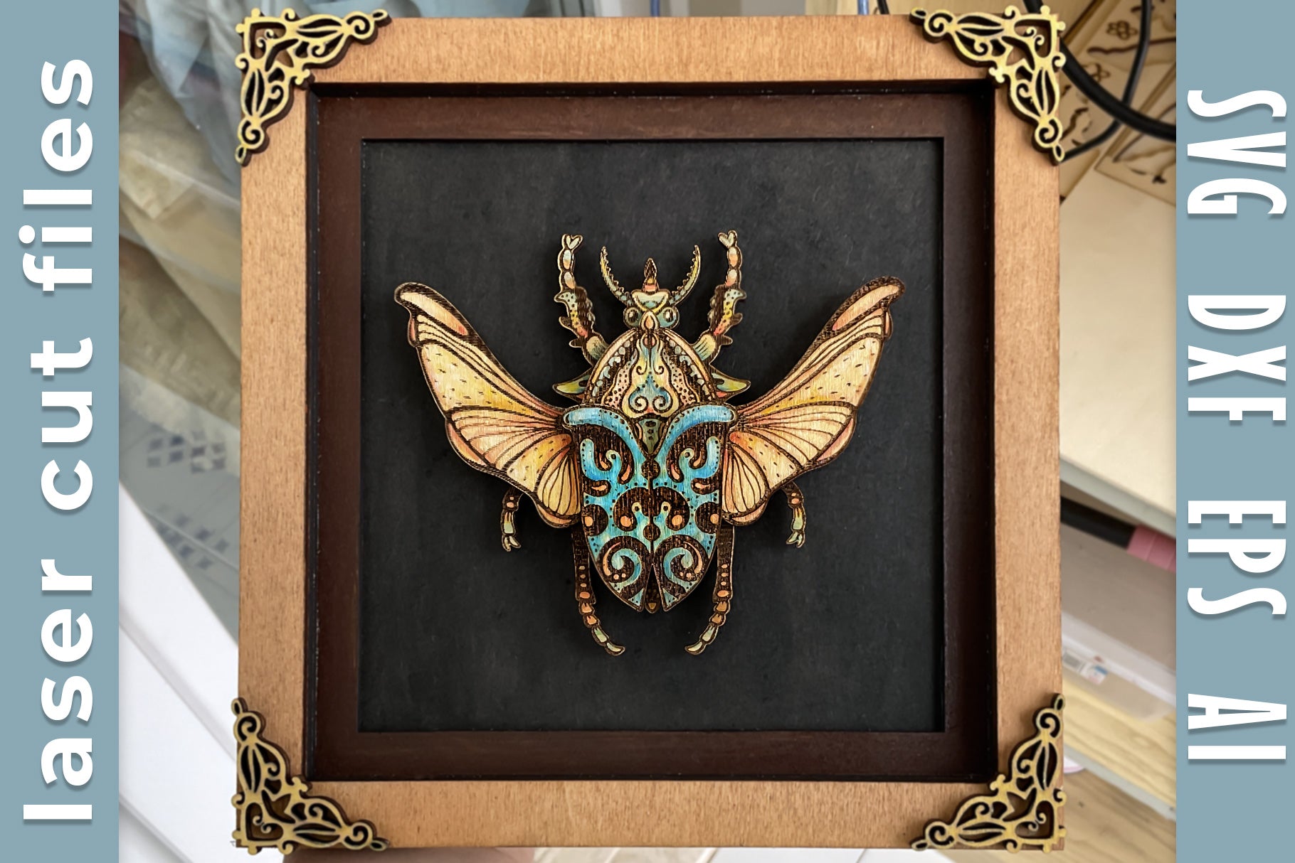 Beetle wall art for laser cutting. Intricate insect design with wings and ornaments – perfect for framed wall decor or unique gift. 