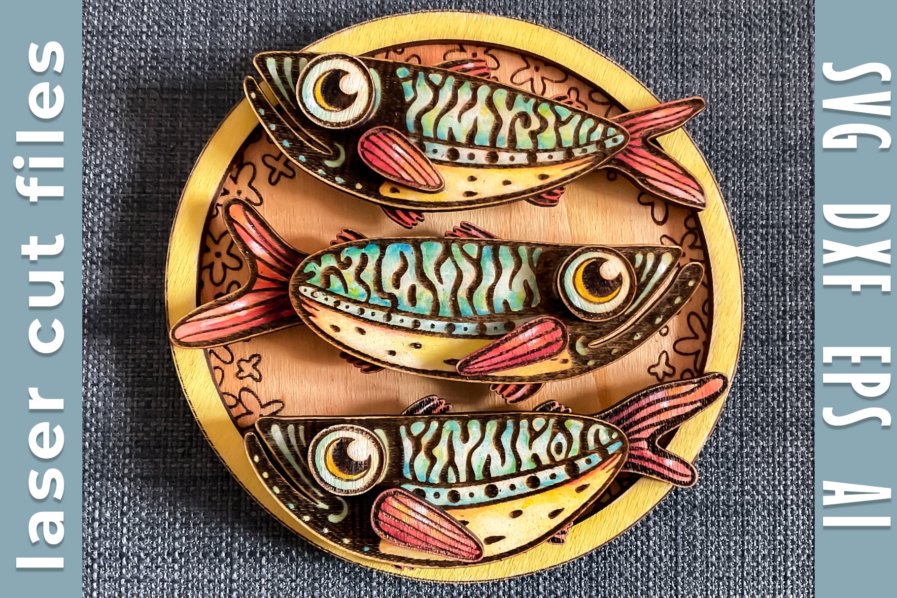 Template with Three Fishes Wall Art Laser Cut File. DIY Wooden Plate with Decorative Fishes for Home Decor. Wood Craft for Glowforge xTool