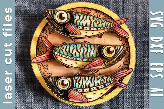 Template with Three Fishes Wall Art Laser Cut File. DIY Wooden Plate with Decorative Fishes for Home Decor. Wood Craft for Glowforge xTool